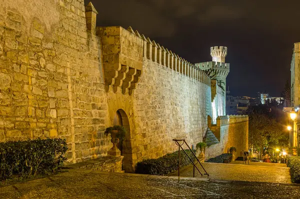 PALMA, İspanya - 11 Ocak 2015: İspanya 'nın Palma kentindeki Mallorca Adası Konseyi' nin karargahı olan Council Palace 'ın gece görüşü. Mimar Joaquin Pavia tarafından tasarlanan 19. yüzyıldan kalma neo-gotik bir bina.