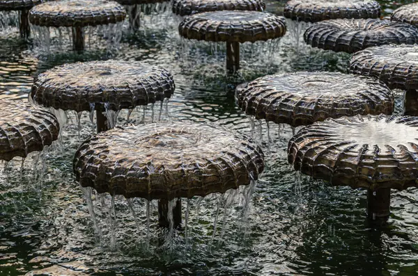 MUNCHEN, GERMANY - 3 Temmuz 2015: Frauenkirche, Münih, Bavyera, Almanya 'nın önündeki Frauenkirtz' deki su mantarı çeşmesi; 1972 yılında Bernhard Winkler tarafından bir su fıskiyesi olarak tasarlandı