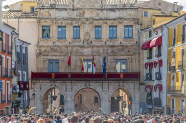 CUENCA, SPAIN - MARCH 29, 2015: People in the Plaza Mayor (main square) of Cuenca, Castilla la Mancha, Spain