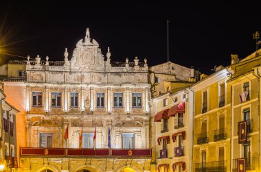 CUENCA, SPAIN - MARCH 28, 2015: Night view of the Plaza Mayor in Cuenca, Castilla La Mancha, Spain, decorated for Holy Week