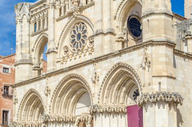 Cathedral of Saint Mary and Saint Julian in Cuenca, Spain, built in 1182-1257, one of the earliest Spanish examples of Gothic architecture. Facade partially reconstructed in neo-Gothic style in 1910