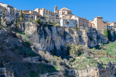 Panoramic view of the Huecar Gorge with the town of Cuenca, Castilla la Mancha, Spain