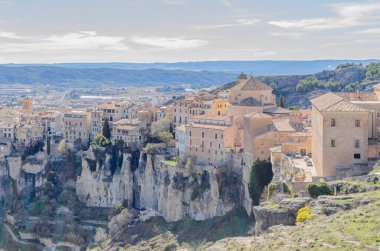 Panoramic view of the Huecar Gorge with the town of Cuenca, Castilla la Mancha, Spain