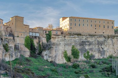 Panoramic view of the Huecar Gorge with the town of Cuenca, Castilla la Mancha, Spain