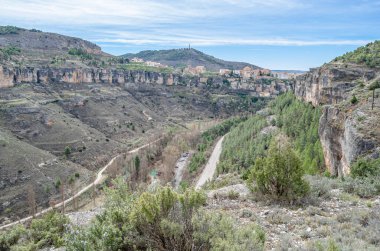 View of the Jucar Gorge and the town of Cuenca, Spain, a natural phenomenon caused by the erosion of the waters of this river on the limestone rock on which the city is built and which surrounds it