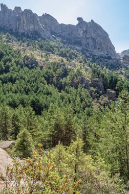 La Pedriza 'daki manzara, Guadarrama Dağları' ndaki büyük bir granit batholith Madrid Topluluğu, İspanya. Bu kayalık çıkıntılar sayısız kayalık ve kayalık yamaçlardan oluşur.