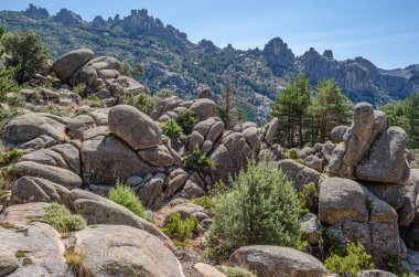La Pedriza 'daki manzara, Guadarrama Dağları' ndaki büyük bir granit batholith Madrid Topluluğu, İspanya. Bu kayalık çıkıntılar sayısız kayalık ve kayalık yamaçlardan oluşur.