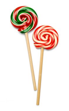 İki Spiral Nane Şekeri Lolipop Şeker Çubukları Beyaz Kesildi.
