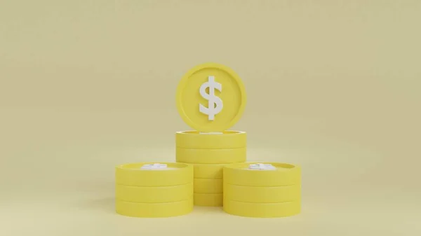 黄金钱币堆放在黄色的背景上 网吧的3D钱币图标 金币货币市场的金融堆积如山 3D渲染 — 图库照片