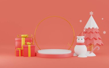 Mutlu yıllar ve mutlu Noeller. Kırmızı podyum arka planı. Noel kartı, kar taneleri, top, hediye kutusu, kardan adam, Xmas özgeçmişi..