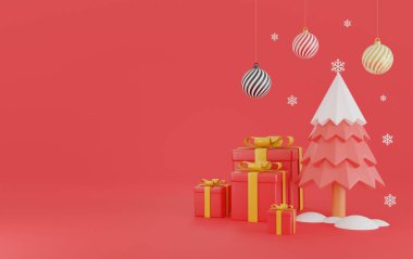 Mutlu yıllar ve mutlu Noeller. Kırmızı arkaplanlı Noel unsurları. Tebrik kartı. Noel arkaplanı. Noel arkaplanı..