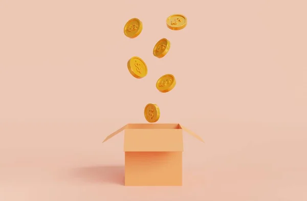 Offene Isolierte Schachtel Mit Münzen Auf Rosa Hintergrund Symbol Der — Stockfoto