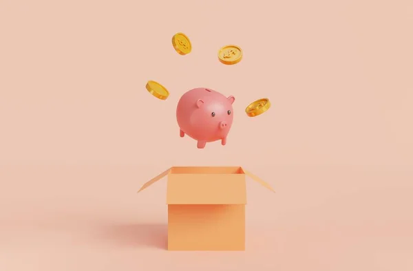 Open Isolated Box Coins Coming Out Pink Background Symbol Goals — 스톡 사진