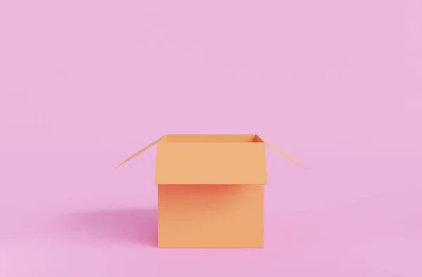 Порожня Коробка Рожевому Тлі Концепція Транспорту Відкрити Жовту Порожню Коробку — стокове фото
