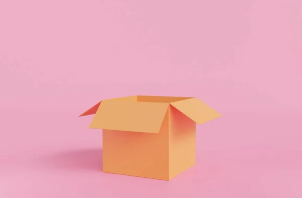 Empty box on pink background. Transport concept. Open yellow empty carton box. Shipping, packaging,Open box isolated.3D Rendering