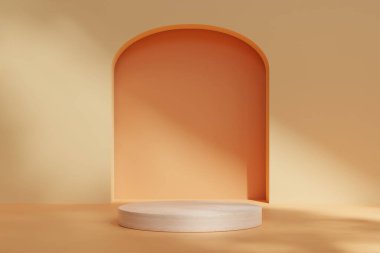 Podium 3D on brown backdrop.Product display presentation.Abstract scene yellow background.wooden stand.Pedestal product on Minimal scene.Geometric platform show cosmetic product, mockup.3D render