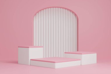 Podium 3D on pink backdrop.Product display presentation.Abstract scene background.Realistic square stand.Pedestal product on Minimal scene.Geometric platform show cosmetic product.3D render