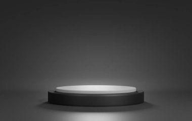Podium 3D on black backdrop.Product display presentation.Abstract scene dark background.Gray circle stand.Pedestal product on Minimal scene.Geometric platform show cosmetic product,mockup.3D render clipart