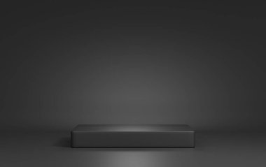 Podium 3D on black backdrop.Product display presentation.Abstract scene dark background.Gray square stand.Pedestal product on Minimal scene.Geometric platform show cosmetic product,mockup.3D render