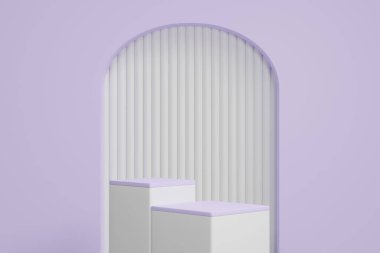 Podium 3D on purple backdrop.Product display presentation.Abstract scene background.White square stand.Pedestal product on Minimal scene.Geometric platform show cosmetic product, mockup.3D render