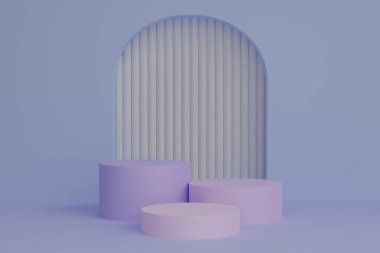 Podium 3D on blue backdrop.Product display presentation.Abstract scene background.Purple circle stand.Pedestal product on Minimal scene.Geometric platform show cosmetic product, mock up.3D render