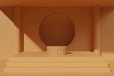 Castle or architecture backdrop concept.Podium on brown background.Geometric platform show cosmetic product.Product display stand on brown background.Stage showcase,Abstract.Minimal mockup 3D render