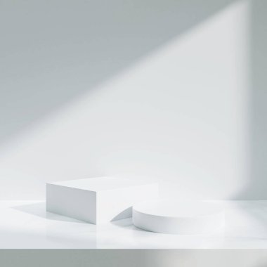 Geometrik platform, beyaz arka planda kozmetik ürünü 3D podyumu gösteriyor. Sunum için minimumda kalın. Soyut beyaz arkaplan konsepti ve mermer taş.