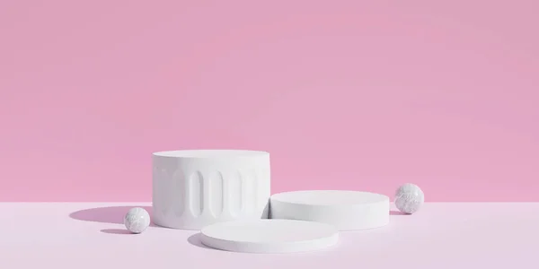 Geometric Platform Show Cosmetic Product Pastel Beige Background White Cylinder — Zdjęcie stockowe