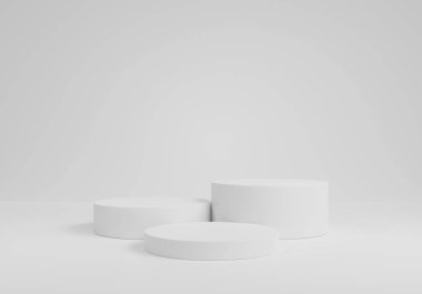 Ürün sergisi beyaz arkaplan üzerinde durmaktadır. Soyut gri arkaplan kavramı. Geometrik platform kozmetik ürünleri gösteriyor.Beyaz arka plan podyumu. Sahne gösterisi. En az 3D tasarım, illüstrasyon
