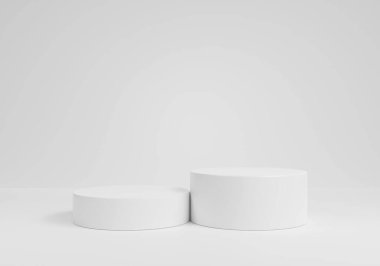 Ürün sergisi beyaz arkaplan üzerinde durmaktadır. Soyut gri arkaplan kavramı. Geometrik platform kozmetik ürünleri gösteriyor.Beyaz arka plan podyumu. Sahne gösterisi. En az 3D tasarım, illüstrasyon