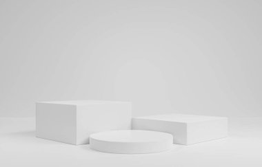 Ürün sergisi beyaz arkaplan üzerinde durmaktadır. Soyut gri arkaplan kavramı. Geometrik platform kozmetik ürünleri gösteriyor.Beyaz arka plan podyumu. Sahne gösterisi. En az 3D tasarım, illüstrasyon