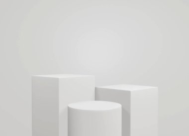 Ürün sergisi beyaz arkaplan üzerinde durmaktadır. Soyut gri arkaplan kavramı. Geometrik platform kozmetik ürünleri gösteriyor.Beyaz arka plan podyumu. Sahne gösterisi. En az 3D tasarım, illüstrasyon