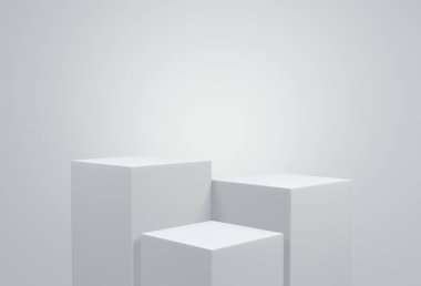 Ürün sergisi beyaz arkaplan üzerinde durmaktadır. Soyut gri arkaplan kavramı. Geometrik platform kozmetik ürünleri gösteriyor.Beyaz arka plan podyumu. Sahne gösterisi. En az 3D tasarım, illüstrasyon