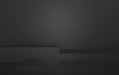 Boş siyah podyum 3D podyumu koyu arkaplanda gösteriyor.Sunum için minimum model oluşturun. Soyut siyah arkaplan konsepti. Geometrik platform gösterimi kozmetik ürünü. Sahne gösterisi 3D görüntüleyici