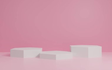 Pembe arka planda 3D podyum. Sunum için en az modellemeyi yapın. Soyut pembe arka plan konsepti. Geometrik platform kozmetik ürünü gösteriyor.