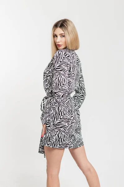 Beautiful Trendy Stylish Blonde Girl Fashion Zebra Print Dress Studio — Stock Photo, Image