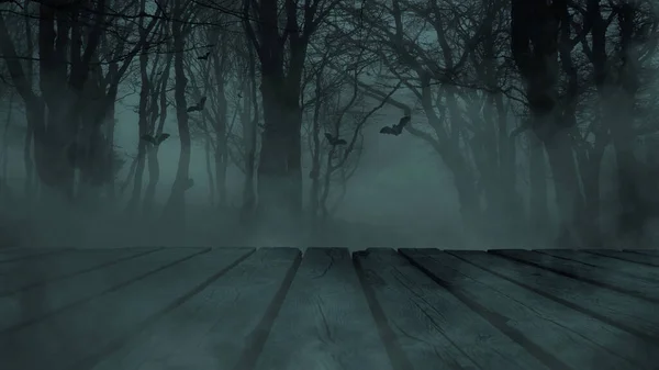 Dark foggy scary forest with bats and branches with a wooden table. Free copy space for product and design. Happy Halloween.