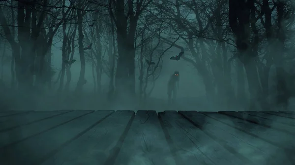 Страшный Туманный Лес Ходячим Мертвым Зомби Красными Светлыми Глазами Летучими — стоковое фото