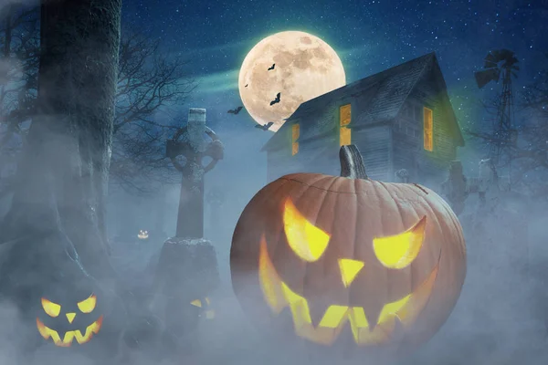 Carta Parati Halloween Casa Spaventosa Abbandonata Vicino Cimitero Nella Foresta — Foto Stock
