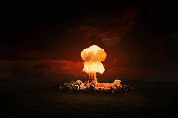 Hrozná Jasná Jaderná Exploze Večerním Poli Třetí Světová Válka Apokalypsa — Stock fotografie