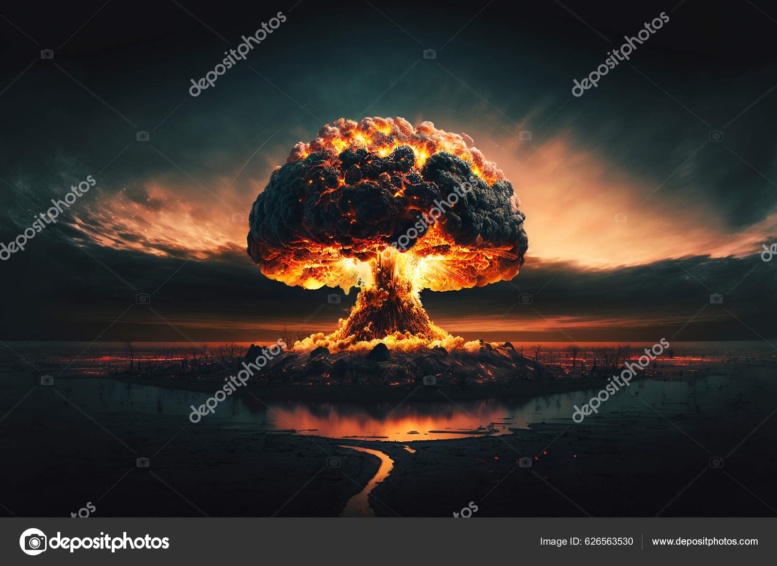 Grosse Explosion Nucléaire Effrayante Avec Nuage Champignons Feu Dans Noir  — Photo de stock par ©alonesdj - 626563530, image size:1600x1166