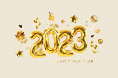 Gold balloons 2023 with confetti, gold mirrored balloon party, stars, gifts and rabbits on a light beige background. Happy New Year 2023 creative clipart