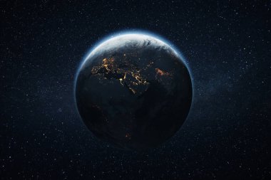 Avrupa, Afrika ve Doğu 'daki gece şehirlerinin ışıkları yıldızlı uzayda inanılmaz mavi gezegen. Güzel Gece Gezegeni Dünya