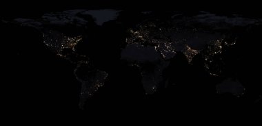 Gece lambalı dünya haritası. Geceleri kıtaları olan dünya gezegeni. Şehirler ve teknolojiler