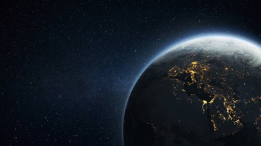 Yıldızlı uzayda sarı şehir ışıklarıyla inanılmaz güzel bir gezegen. Gelişmiş Avrupa, Afrika ve Orta Doğu ülkelerinde teknoloji, kalkınma ve enerji tüketimi. Gece Dünyası