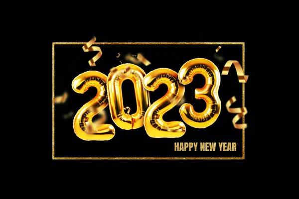 ブラックを基調としたコンフェッティ付きの2023年の新年のメタリックな金箔風船 黄金のヘリウム風船番号2023新年 — ストック写真