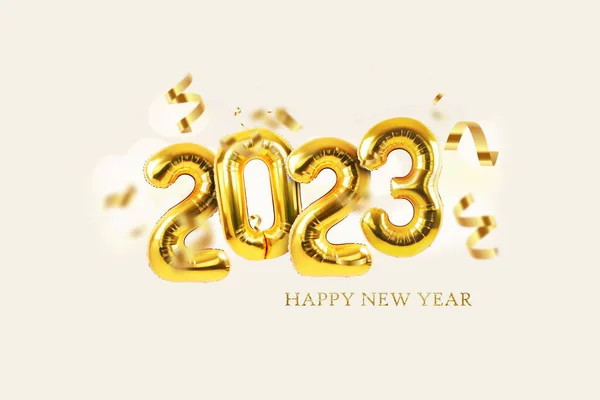 Anul Nou Fericit 2023 Baloane Aur Confetti Bokeh Fundal Luminos — Fotografie, imagine de stoc
