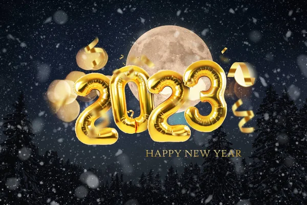 Gouden Ballonnen 2023 Nieuwjaar Met Confetti Bokeh Lichten Nacht Winterbos — Stockfoto