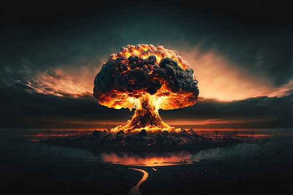 Страшный большой ядерный взрыв с грибным облаком и огнем в темноте. Атомное оружие и апокалипсис. Третья мировая война 