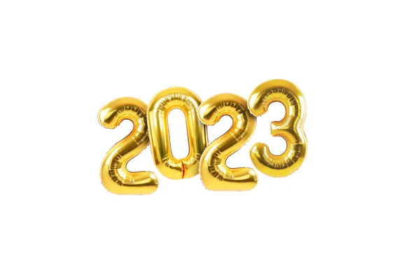 Ευτυχισμένο Νέο Έτος 2023 Μεταλλικά Μπαλόνια Φύλλο Χρυσού Λευκό Φόντο — Φωτογραφία Αρχείου